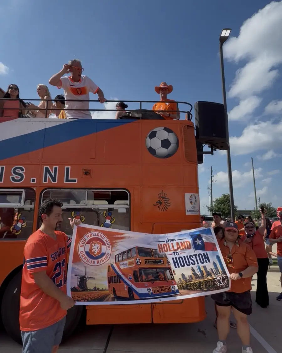 Dutch supporters with the Holland to Houston bus in Fulshear