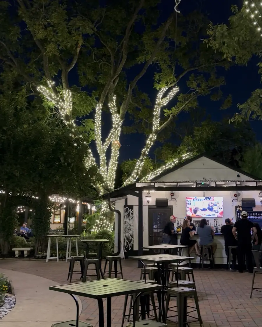 Evening patio lights at Old Katy Patio